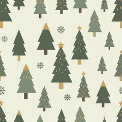 Obraz premium Christmas Trees, Holiday Pattern, Winter Seamless Design, Green and Gold Ornaments