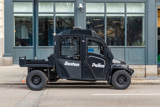 Boston, MA, US-March 28, 2026: Boston Police vehicle, specifically a Polaris RANGER utility terrain vehicle (UTV) or side-by-side upfitted for law enforcement use. 
