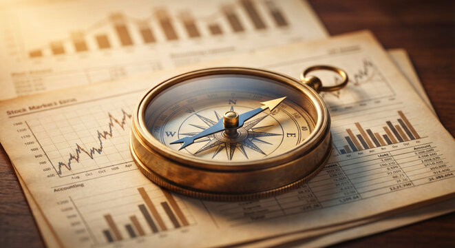 Classic compass on financial newspapers and stock market charts, representing investment direction and market navigation.design - 3