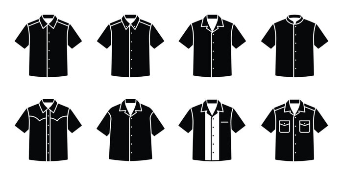 Black button up short sleeve shirts collection men apparel fashion vector icons