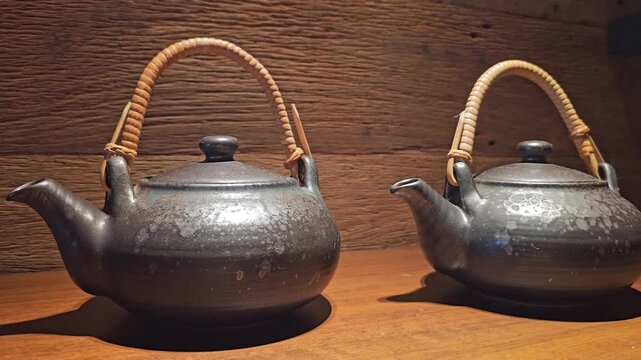 Two black ceramic teapots with bamboo handles placed on wooden shelf against wood background, traditional asian tea ware arrangement, close up front view