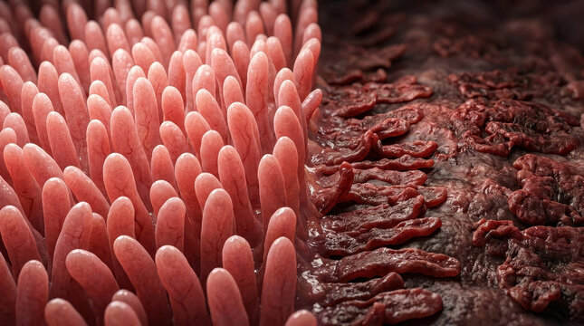 Healthy gut vs dysbiosis intestine villi bacteria microbiome digestion mucosa inflammation concept 3d render showing intestinal lining with healthy villi contrasting dysbiosis with damaged tissue