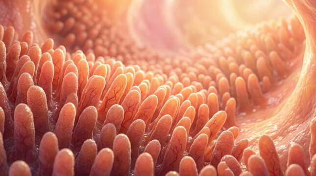 Healthy gut vs dysbiosis intestine villi microbiome digestion, Warm medical illustration showing healthy gut vs dysbiosis inside intestine with villi and microbiome balance highlighting digestion