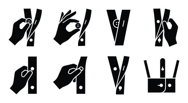 Button icons isolated on transparent background, hand fastening button, buttoning clothes vector graphics