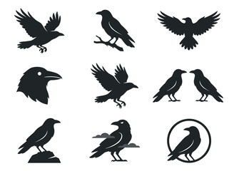 Obraz premium Crow silhouettes: 9 black bird icons set for Halloween, gothic, and minimalist vector design