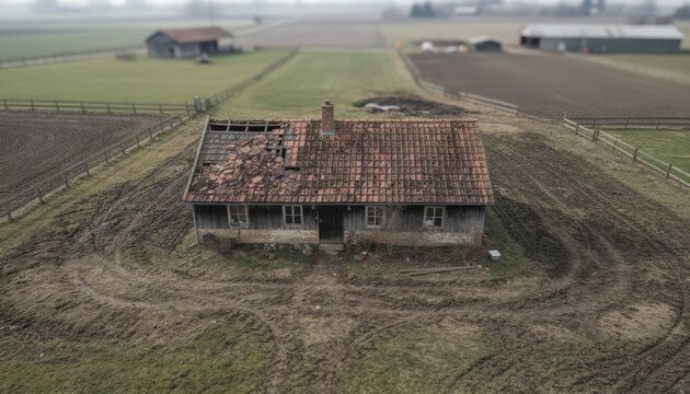 Drone flying above rural farmhouse sharply capturing tile displacement and yard erosion while distant fields and barns remain softly out of focus.