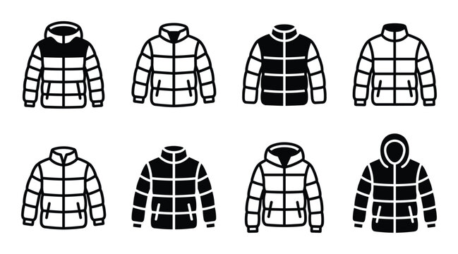 Down puffer jacket icon set showing various winter quilted coats with hoods and high collar designs