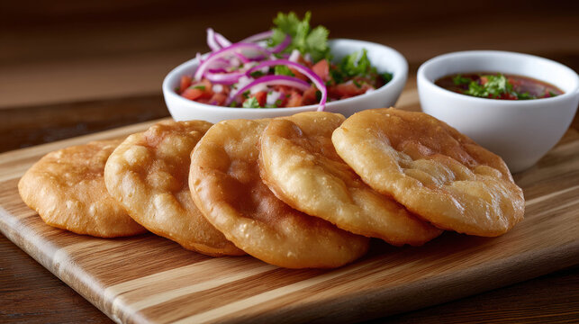 Golden fried bread, a culinary delight. Served with fresh salsa and dipping sauce