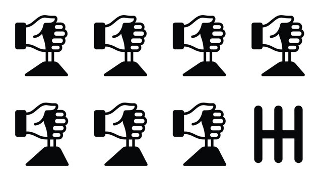 Gear shift icons isolated on transparent background, hand holding shifter, car transmission vector graphics