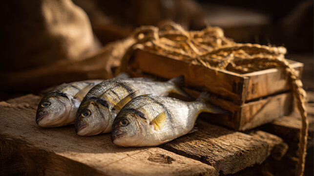 Freshly caught fish arranged on a wooden surface, next to a wooden crate filled with fishing net