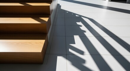 Obraz premium Modern wooden staircase with sharp, defined shadows cast by light on a tiled floor