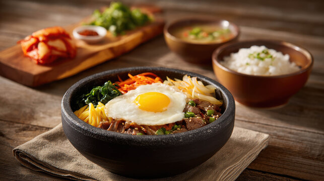 A delicious bibimbap dish with various side dishes, offering a culinary delight 