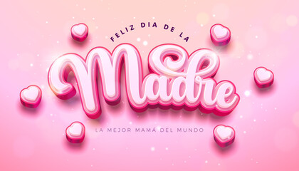 Plakat Happy Mother's Day Greeting Card Design with Heart and Cut Out Typography Lettering on Light Pink Background. Feliz Dia de La Madre Spanish Language Vector Illustration for Loved and Best Mom