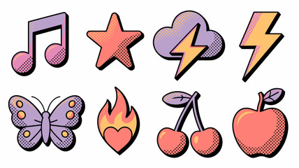 A colorful collection of pop art icons a musical note star cloud lightning butterfly flame cherries and apple are displayed high quality professional detailed modern elegant © MdRafiqul