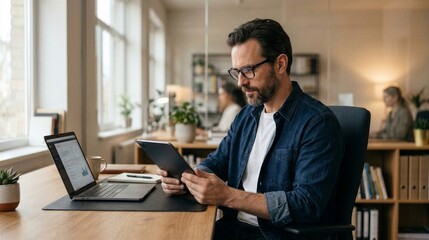Obraz premium Business professional analyzing data using digital tablet and laptop