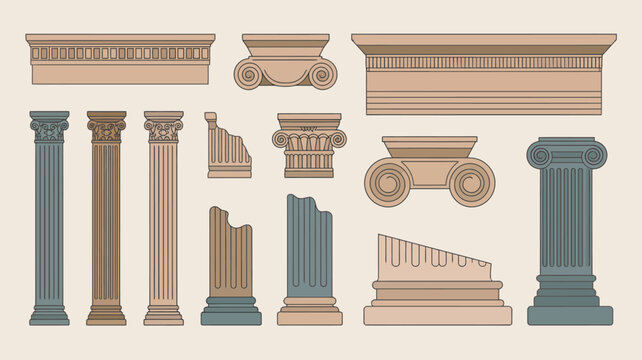 An arrangement of classical architectural elements including columns capitals and entablatures is displayed in muted earth tones high quality professional detailed modern elegant stylish clean crisp