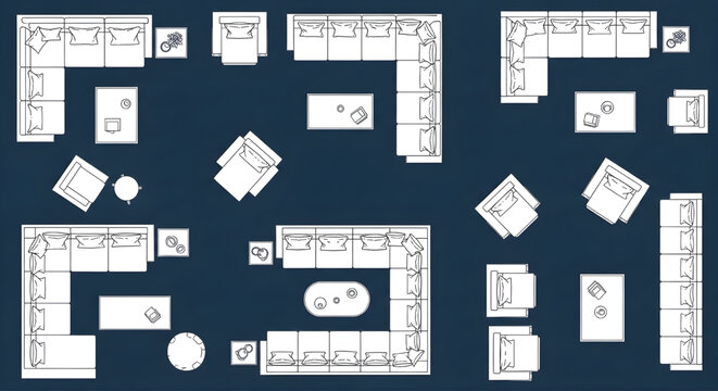 Living Room Sofa Top View Blueprint Vector Set &ndash; L Shape U Shape Sectional Furniture AutoCAD Technical Drawing White Outline on Dark Blue Background