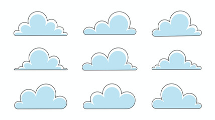 Fototapeta premium A collection of nine cartoon style clouds are displayed against a plain white background presenting a simple and whimsical atmospheric scene high quality professional detailed modern