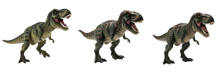 Fototapeta premium Explore our collection of realistic T-Rex action figures. These highly detailed, durable dinosaur toys are perfect for young paleontologists and toy collectors.