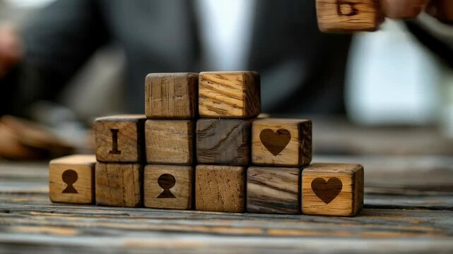 A hand places a cube marked with the letter &lsquo;B&rsquo; on a pyramid of wooden blocks featuring hearts and silhouettes &mdash; a conceptual backdrop for HR technologies, teamwork or emotional intelligence.

