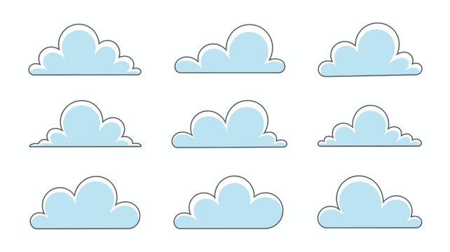 A collection of nine cartoon style clouds are displayed against a plain white background presenting a simple and whimsical atmospheric scene high quality professional detailed modern