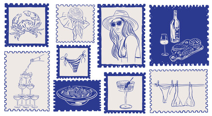 Hand drawn Italian summer holiday post stamps. Coastal postal marks with wine, Mediterranean food, cocktails, bikini. Vector Amalfi Sicily beach holidays elements for poster, placard, postcard print © PawLoveArt
