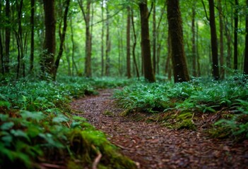 Obraz premium Quiet forest landscape with mossy trees and ferns