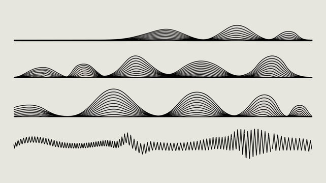 This image depicts three sets of parallel curved lines forming wave patterns showcasing increasing complexity and distortion over time high quality professional detailed modern elegant stylish
