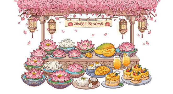 Colorful dessert table with pink cherry blossoms and sweet treats