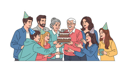 Obraz premium Diverse group of people celebrating birthday with cake and party hats