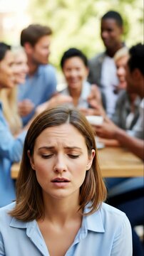 A young woman, visibly distressed, experiencing social isolation and communication difficulties, grappling with significant hearing impairment amidst a loud, diverse group