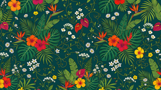 Vibrant Tropical & Wildflower Fusion, seamless flower pattern