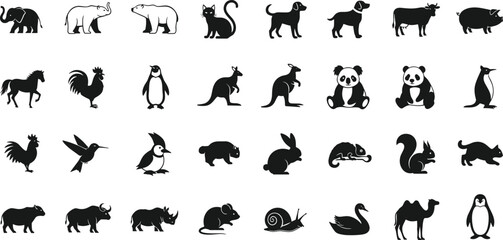 African safari and farm wildlife animals silhouette collection with elephant lion panda kangaroo rabbit and penguin vector illustration set isolated on white background for design © Mahsina