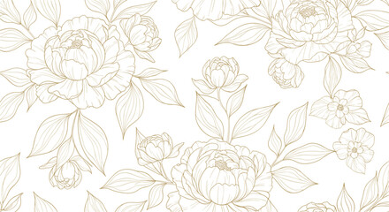 Elegant gold line art peony flowers seamless pattern luxury botanical floral illustration with hand drawn leaves on white background for wedding invitation wallpaper © Mahsina