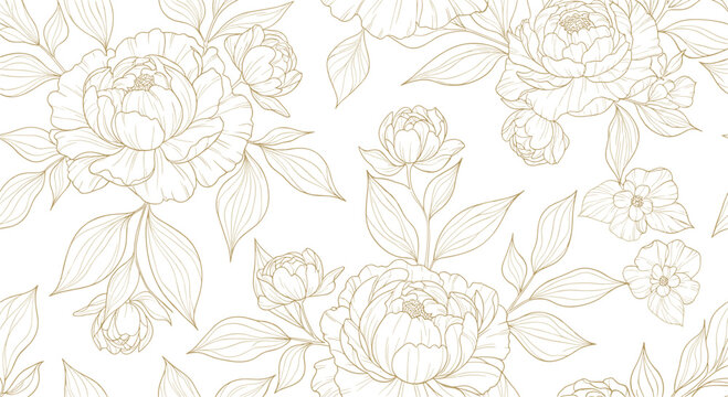 Elegant gold line art peony flowers seamless pattern luxury botanical floral illustration with hand drawn leaves on white background for wedding invitation wallpaper