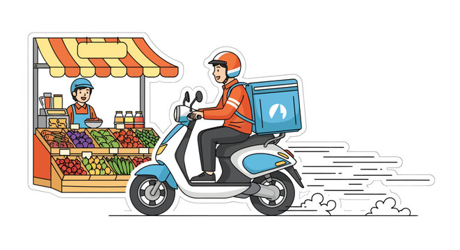 Food delivery rider on scooter picking up order from vendor