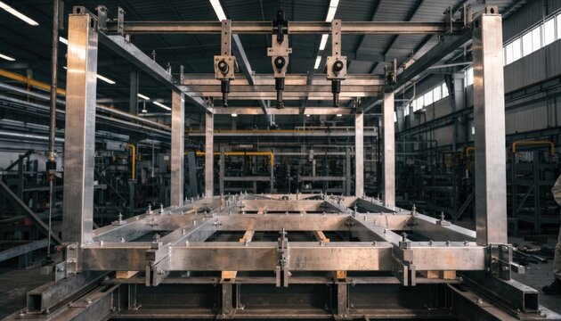 Industrial medium shot showcasing 40foot ISO container structural frame being assembled on a specialized jig with detailed crossmember placement for heavyduty shipping use.