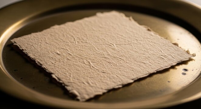 A textured handmade paper sheet with a distinct grain and rough edges rests on a dark circular surface.