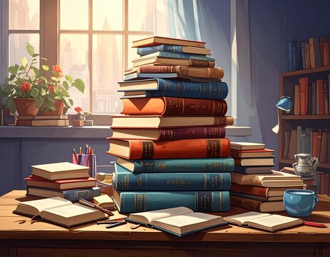 Illustration of a wooden desk with a large stack of books, open books, and a plant. A window lets in sunlight