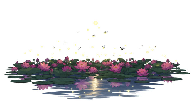 Pink water lilies floating on serene pond with fireflies