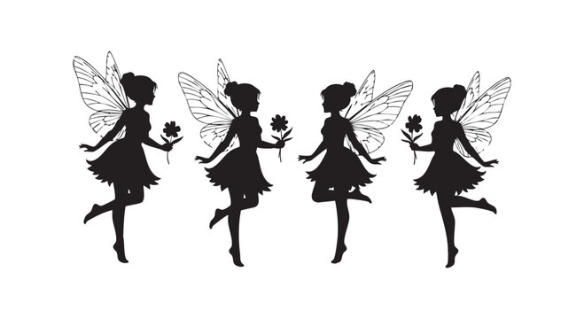 Beautiful garden fairy silhouettes with butterfly wings and flowers for magical fantasy theme designs and enchanted scenes.
