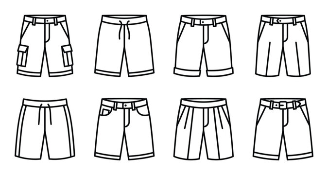 Outline set of various men's shorts, casual and cargo styles, with pockets and drawstrings, on transparent background