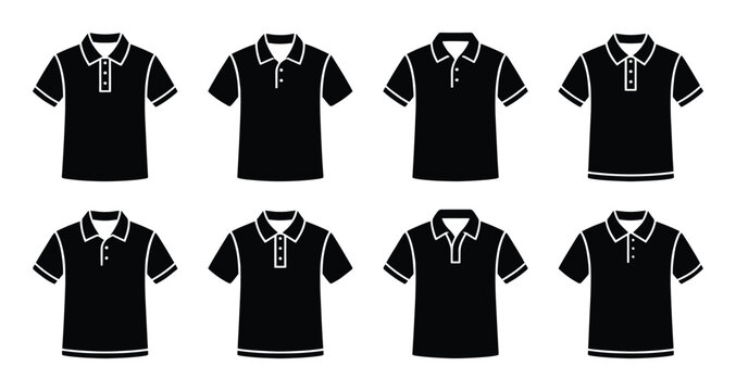 Polo shirt icons set with different collar styles and button placket designs for corporate uniform