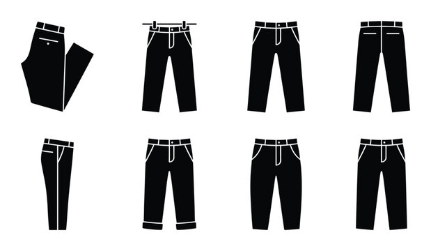 Set of black casual pants and jeans in various styles including folded and hanging views