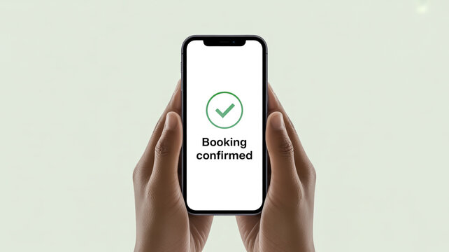 Hands holding smartphone showing booking confirmation screen checkmark
