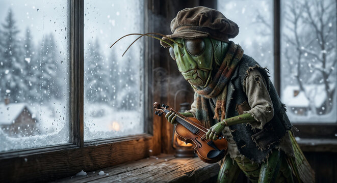 Grasshopper in a sorrowful humble mood playing a violin at a winter window representing Aesop&rsquo;s fable against a cold snowy backdrop