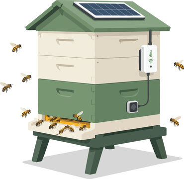 Smart Beehive with Solar Panel and Bees Flying Around