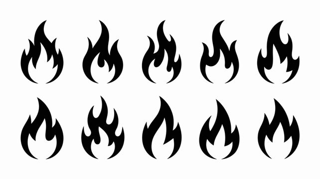 A collection of nine stylized black flame icons are displayed against a stark white background offering versatile design elements high quality professional detailed modern elegant stylish
