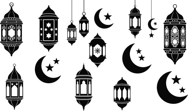 Islamic lantern and crescent moon silhouettes vector set, Ramadan Eid Mubarak symbols collection, arabic decorative elements, festive design illustration pack