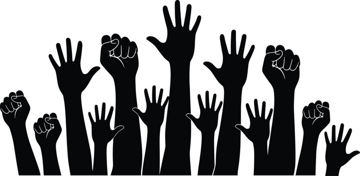 Raised hands and fists silhouette vector illustration, protest crowd unity concept, voting support teamwork gesture design for social awareness projects